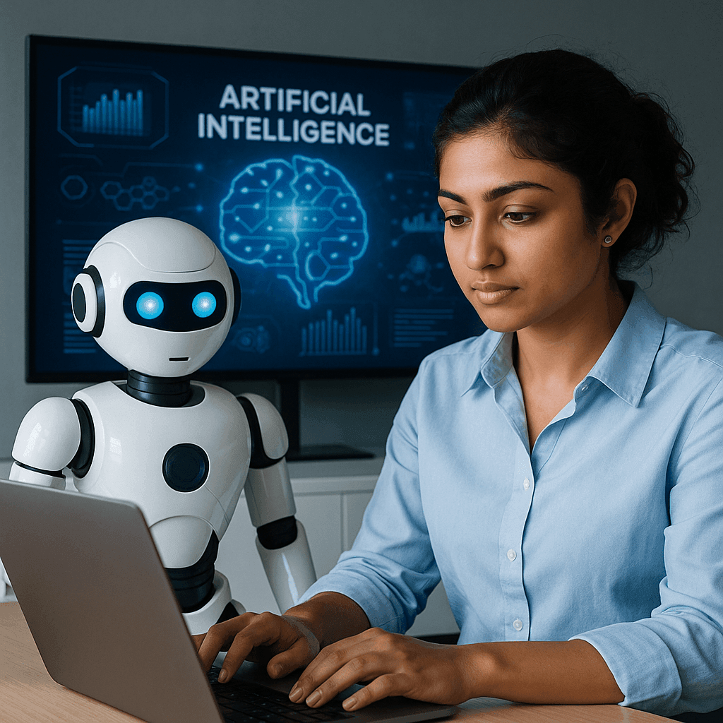 Woman working on a laptop next to a robot with AI screen in the background.
