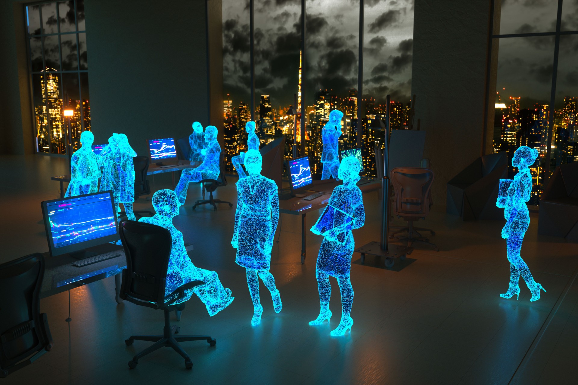 Working in metaverse with Tokyo skyline